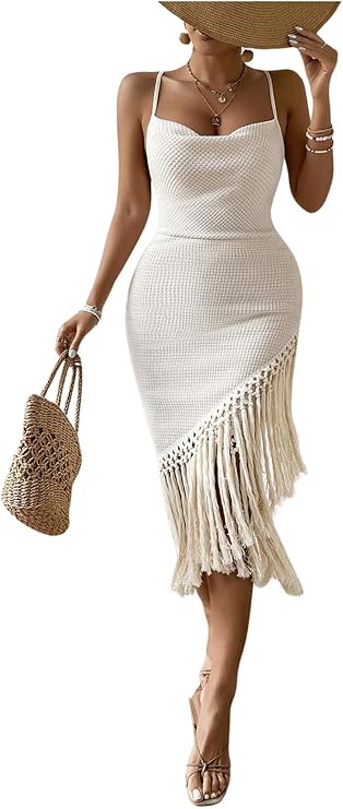 Women's Boho Fringe Hem Pencil Midi Dress