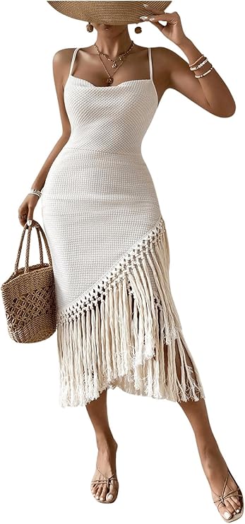 Women's Boho Fringe Hem Pencil Midi Dress