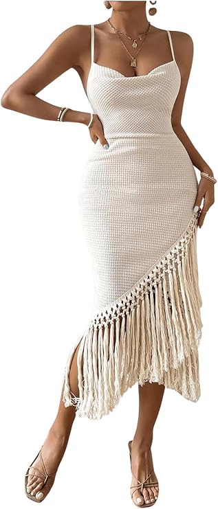 Women's Boho Fringe Hem Pencil Midi Dress