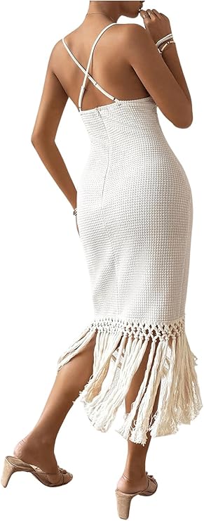 Women's Boho Fringe Hem Pencil Midi Dress