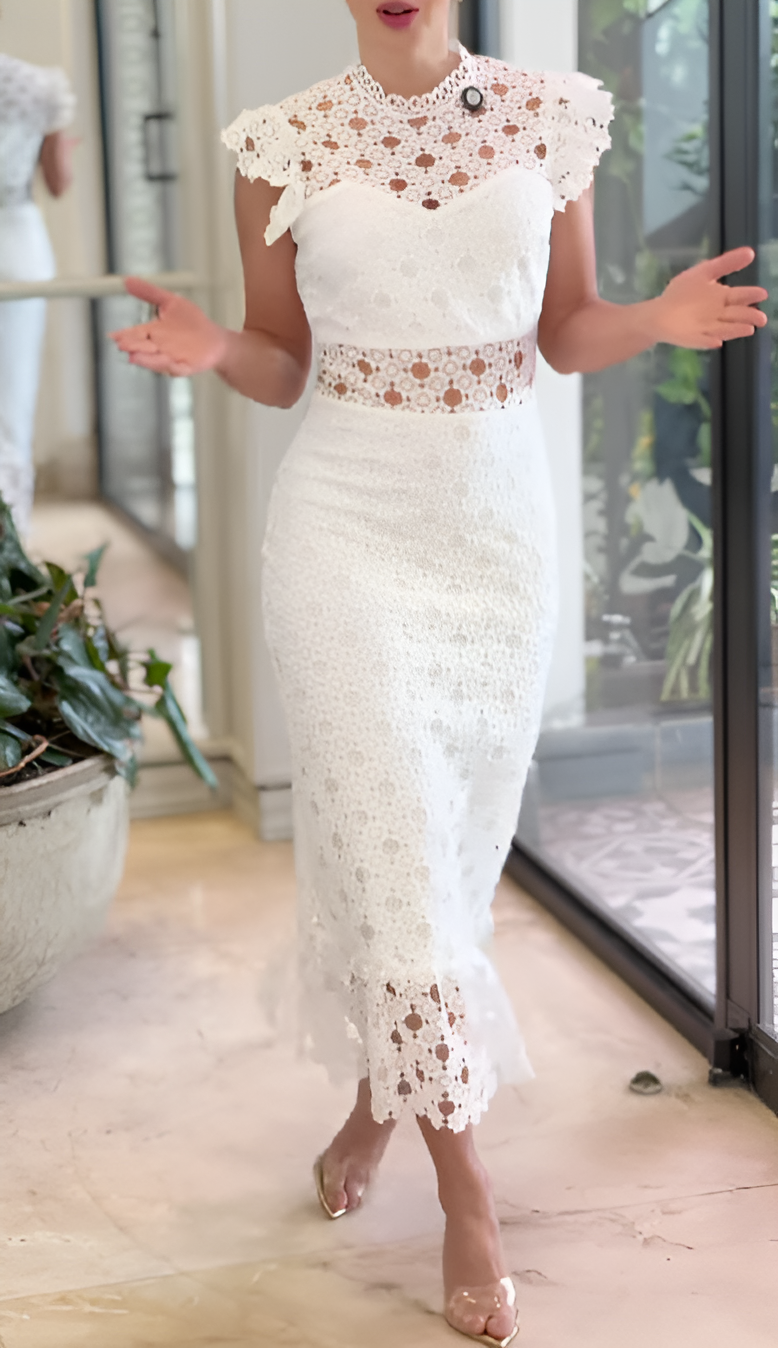 Elegant White Midi Lace Dress