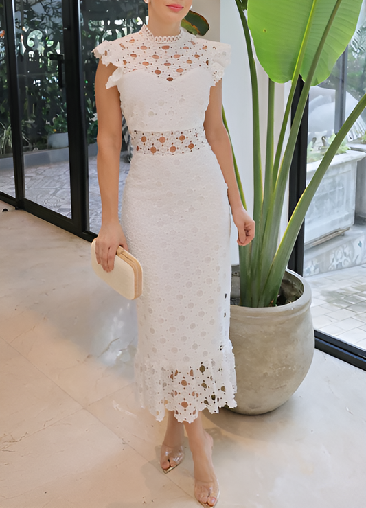 Elegant White Midi Lace Dress