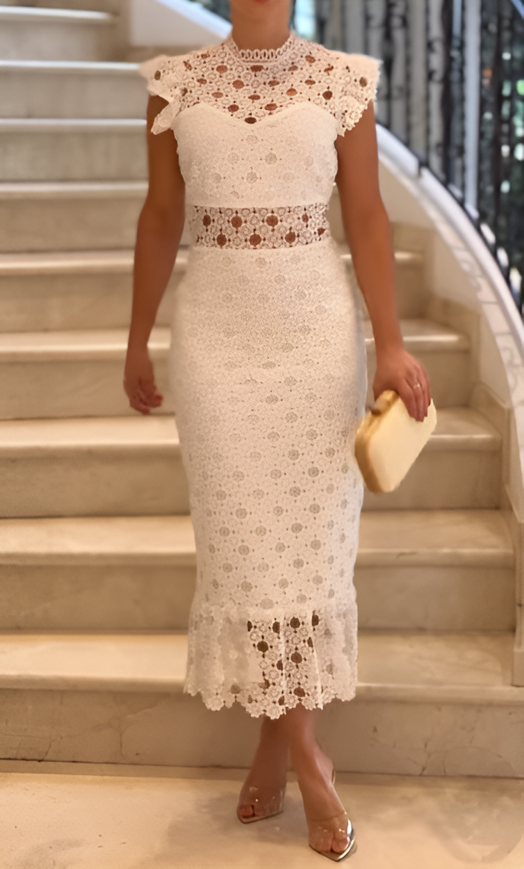 Elegant White Midi Lace Dress