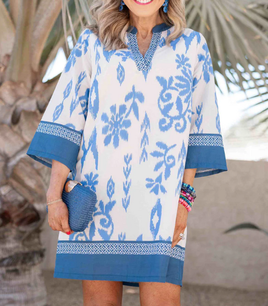 Blue Printed V-neck Dress