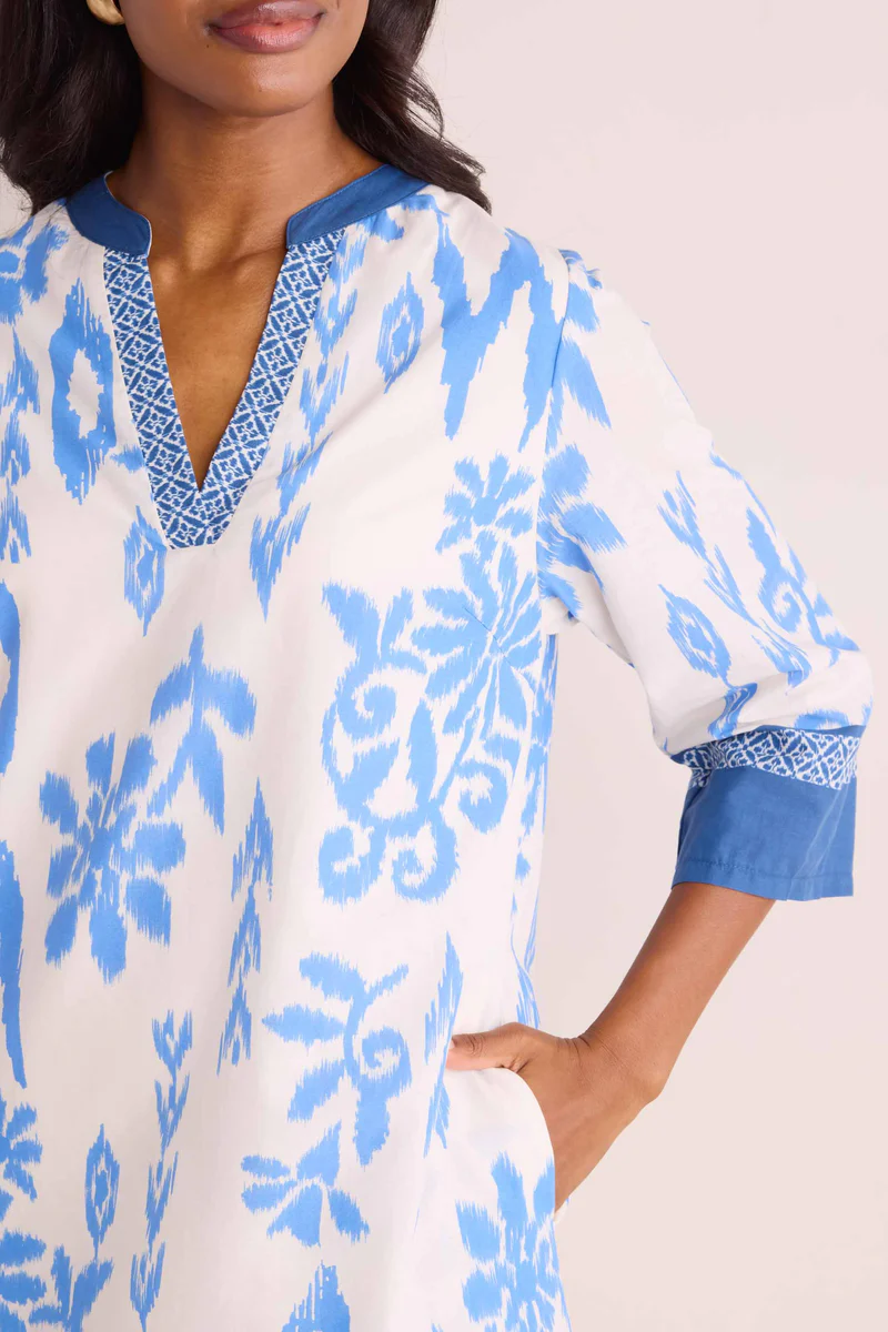 Blue Printed V-neck Dress