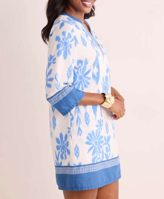 Blue Printed V-neck Dress