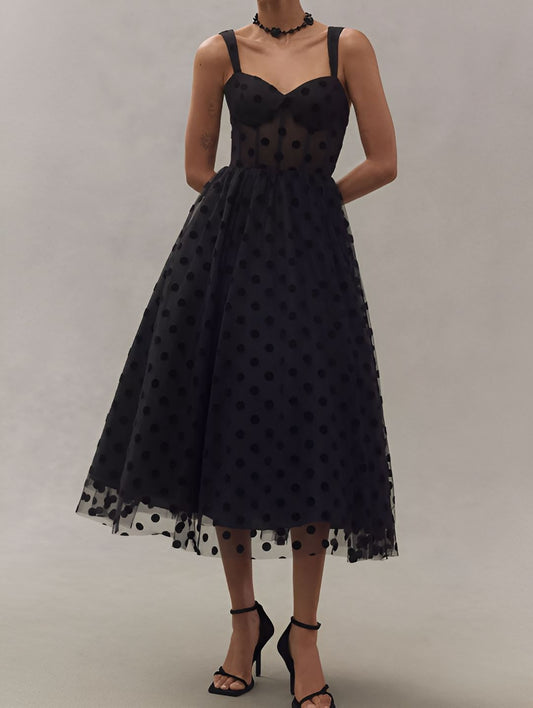 Polka Dot Tulle Sweetheart Bustier A-Line Midi Dress
