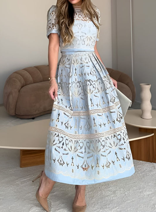 Elegant Blue Lace Skirt Suit