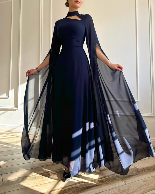 Navy Blue Flowing Gauze Long Dress