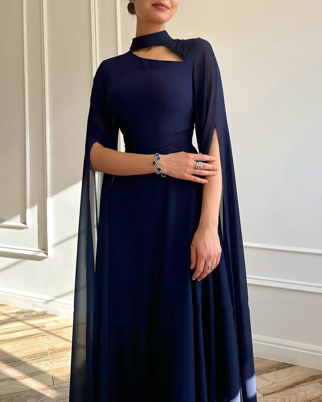 Navy Blue Flowing Gauze Long Dress