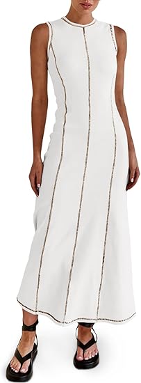 Womens Sleeveless Stitch Ribbed Tank Maxi Dresses