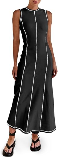 Womens Sleeveless Stitch Ribbed Tank Maxi Dresses