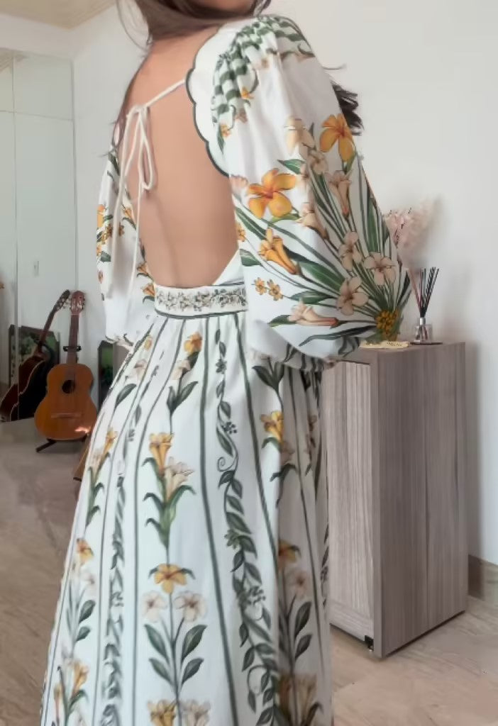 Square Neck Printed Backless Maxi Dress