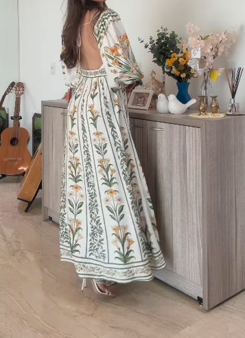 Square Neck Printed Backless Maxi Dress