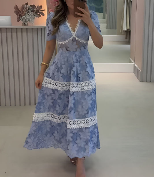 Blue V-Neck Lace Dress