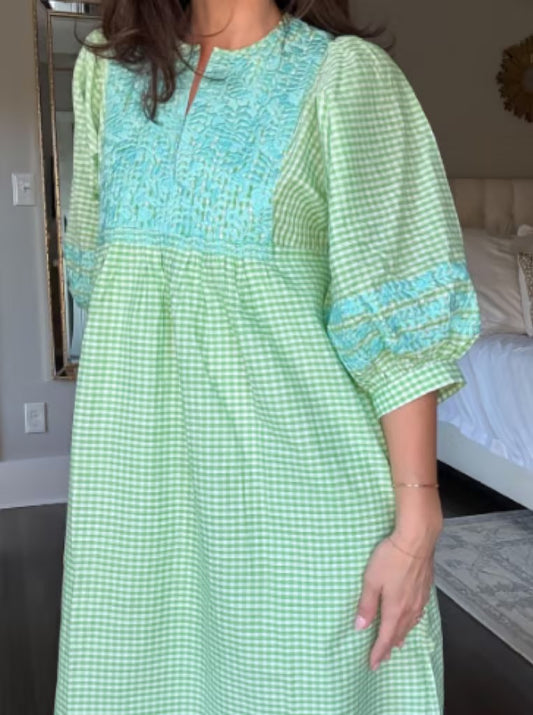 Green Midi Sleeve Embroidered Dress