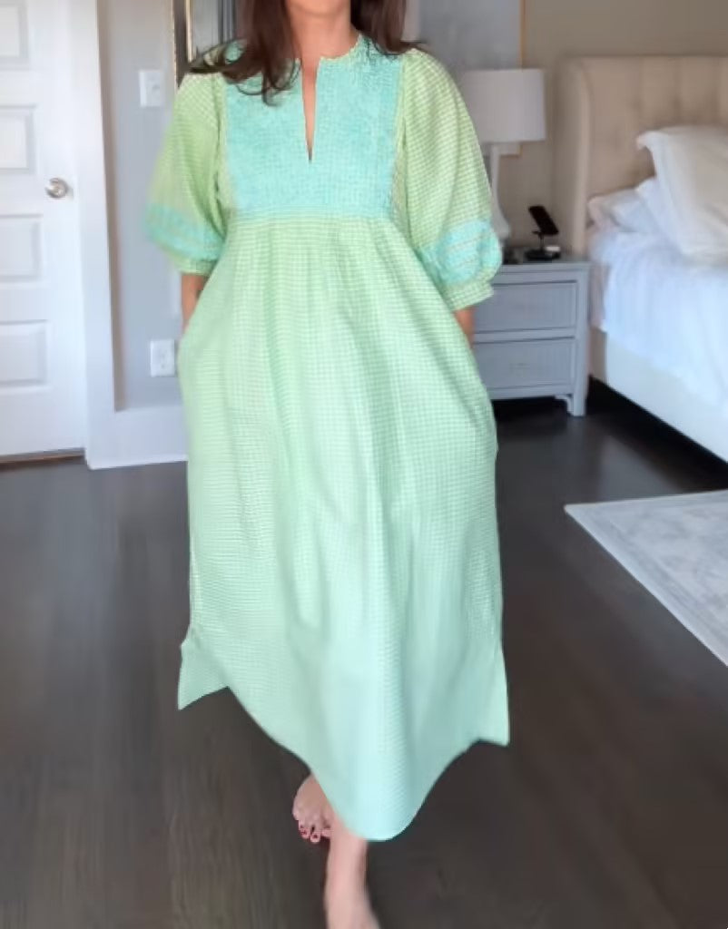 Green Midi Sleeve Embroidered Dress