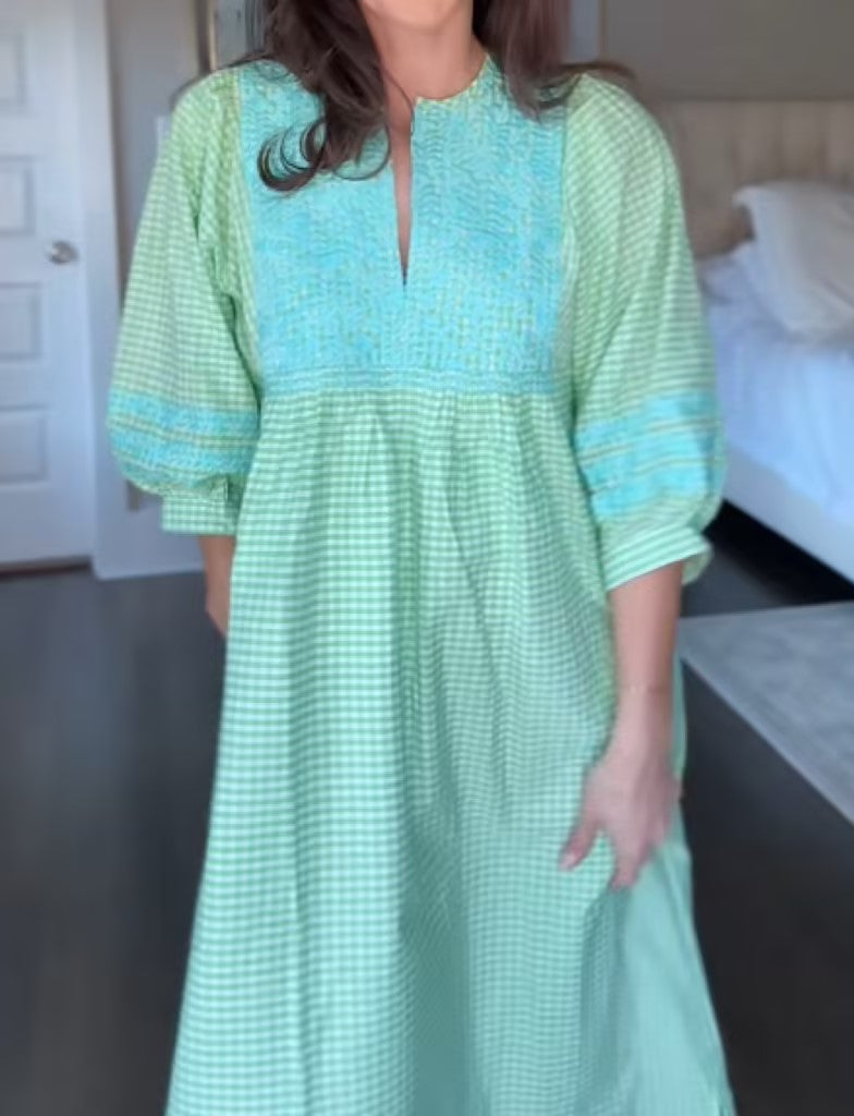 Green Midi Sleeve Embroidered Dress