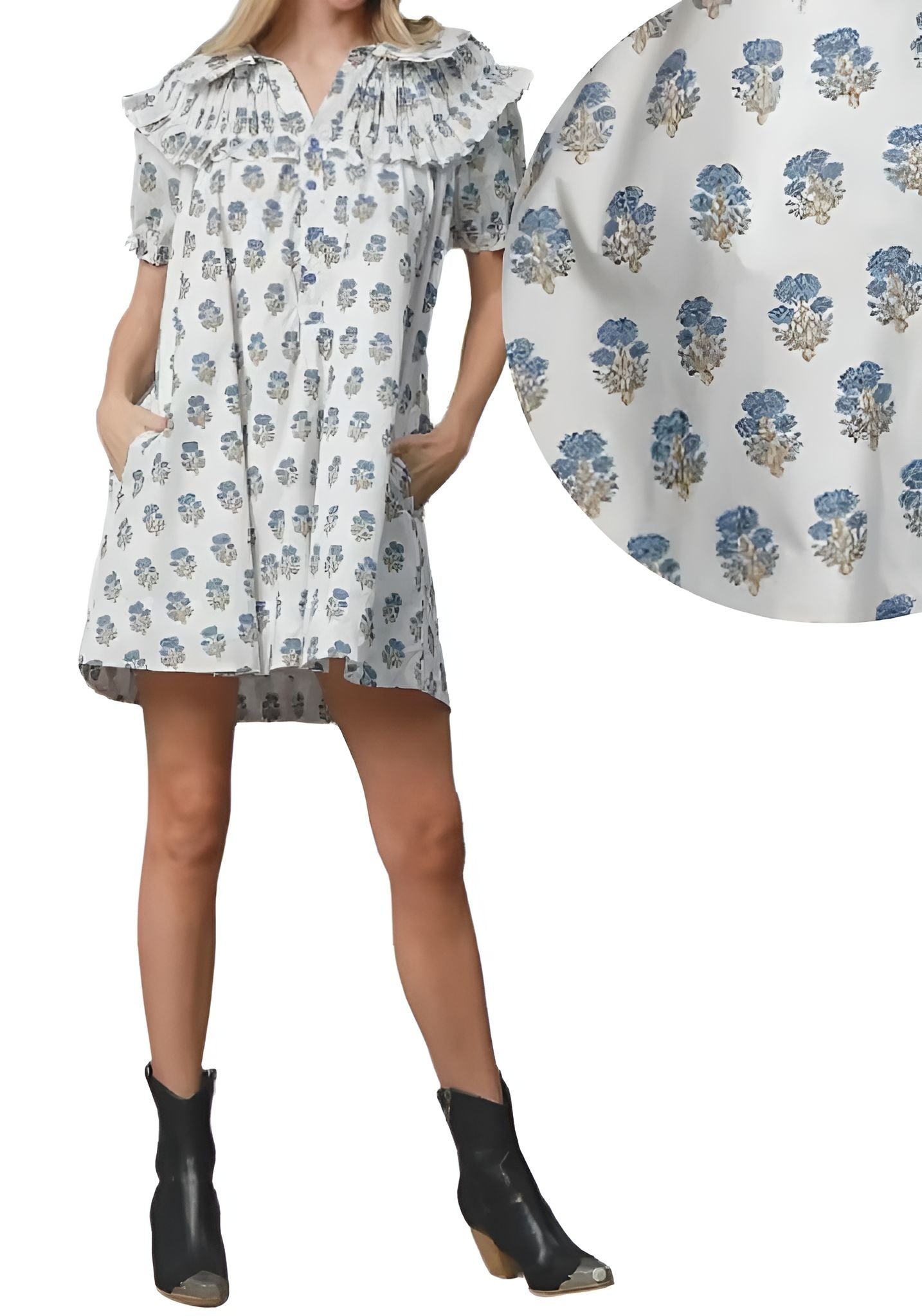 Blue Printed Ruffle Short Dress