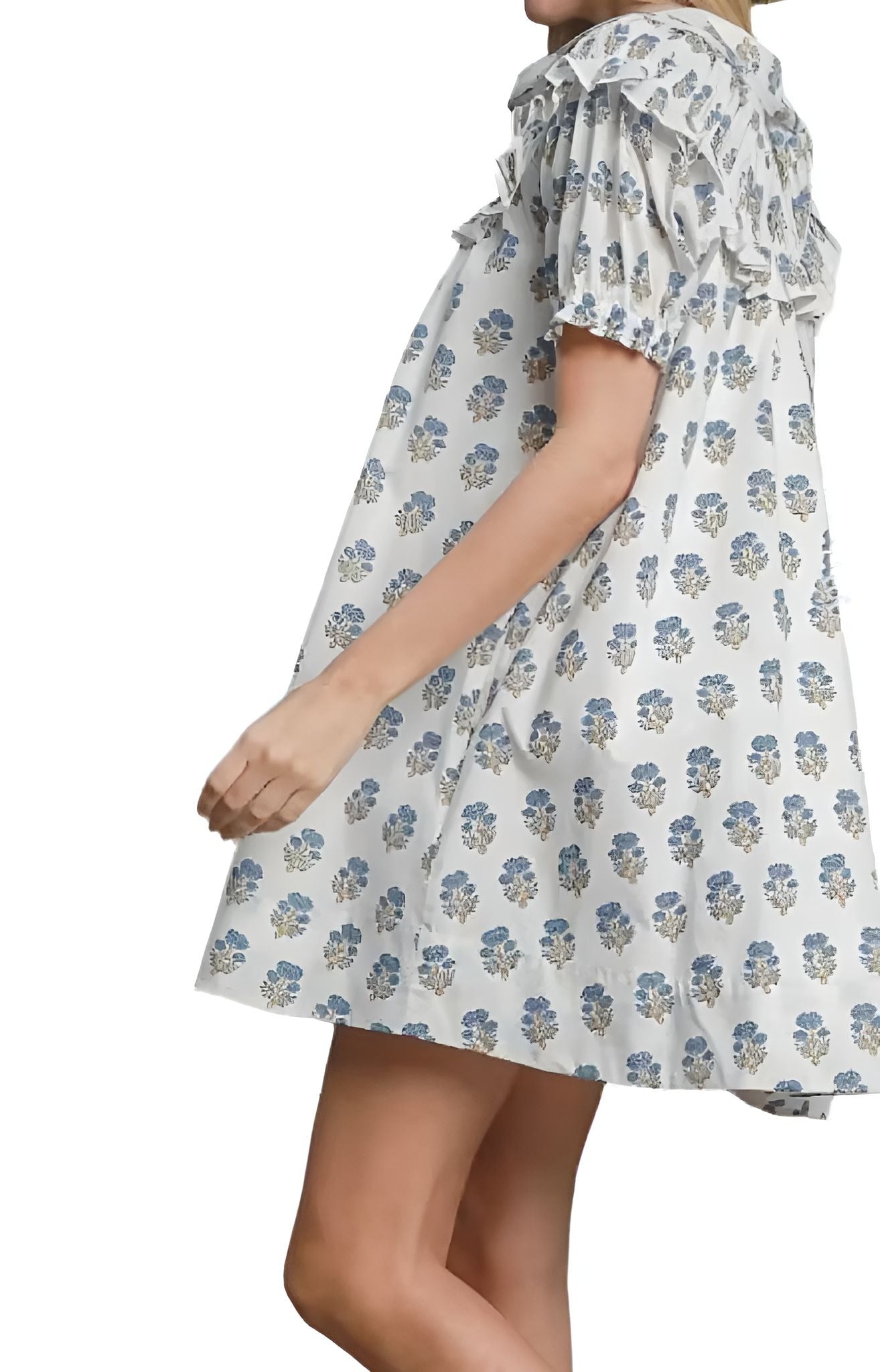 Blue Printed Ruffle Short Dress
