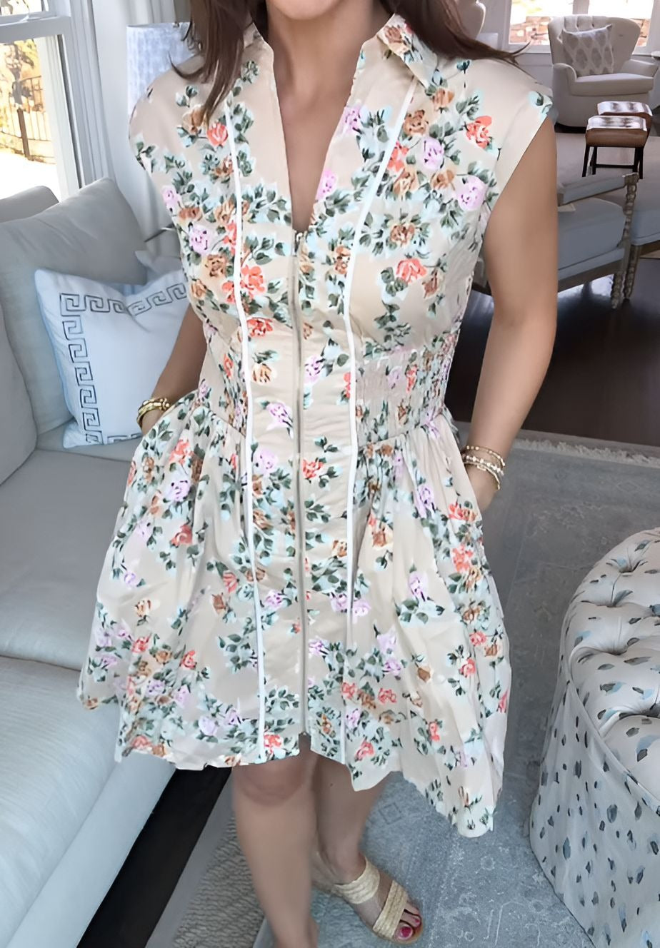 Printed Zipper Sleeveless Short Dress