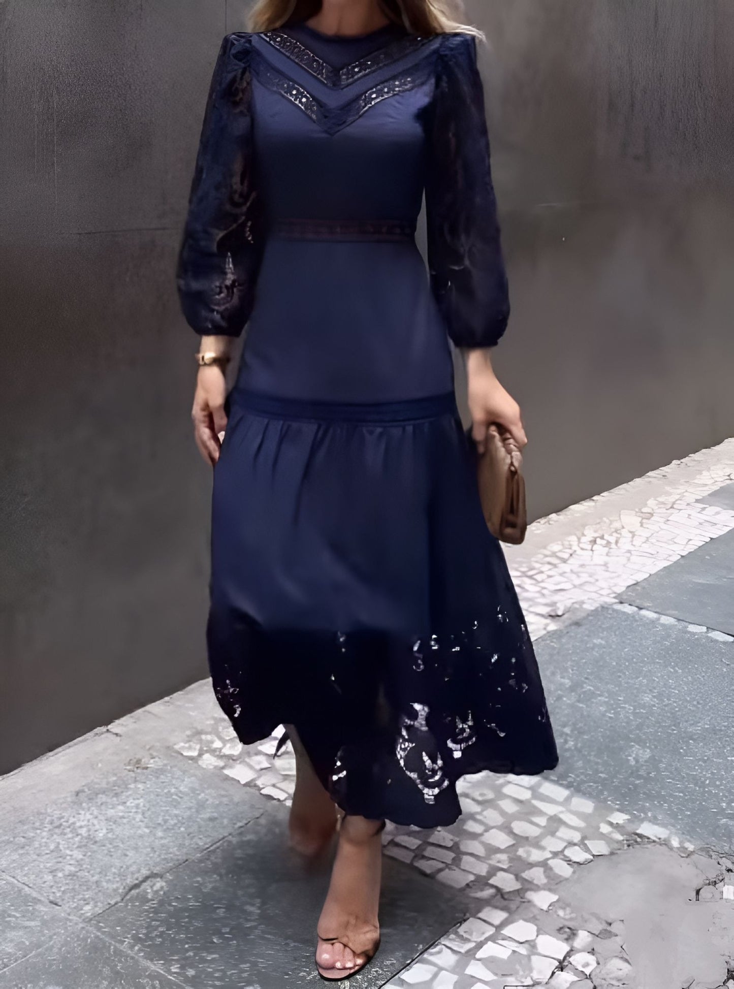Elegant Navy Blue Lace Midi Dress