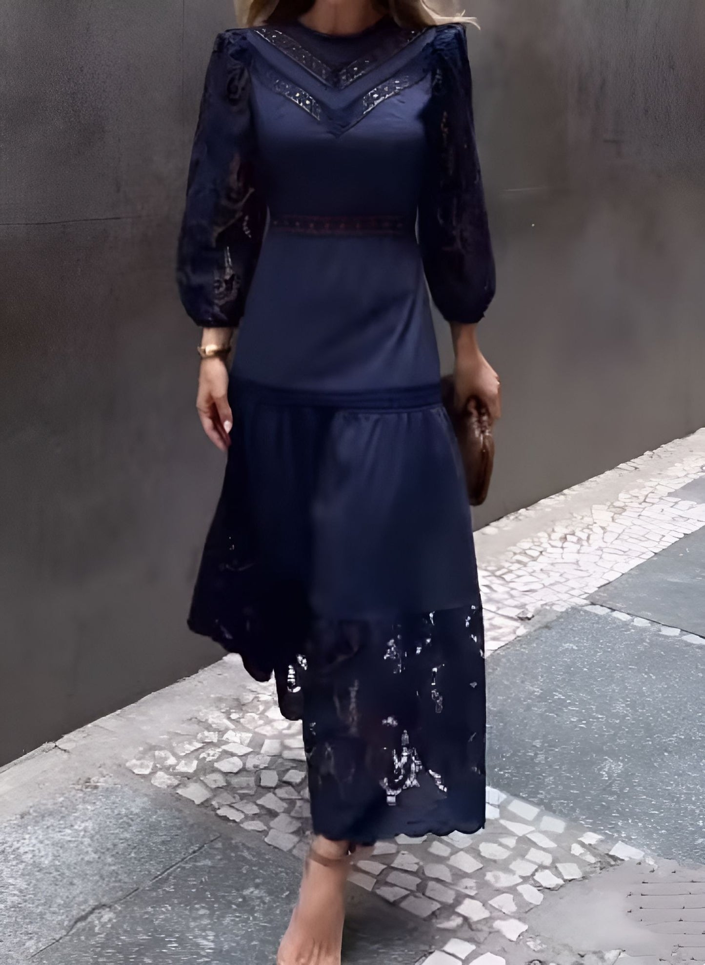 Elegant Navy Blue Lace Midi Dress