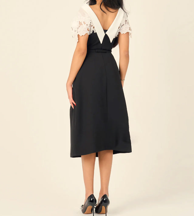 Elegant Black Midi Dress With White Lace Collar