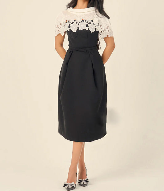 Elegant Black Midi Dress With White Lace Collar