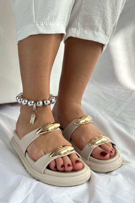 Leather Buckle Detailed Women's Slippers