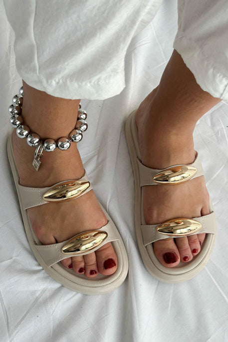 Leather Buckle Detailed Women's Slippers
