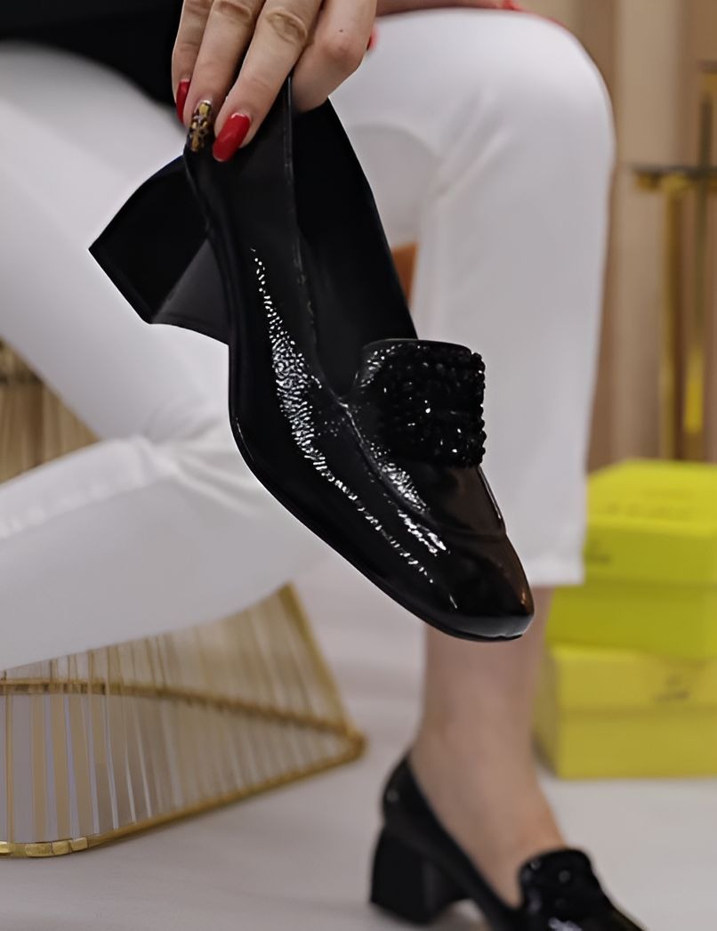 Black Polished Leather Square Heel Sandals