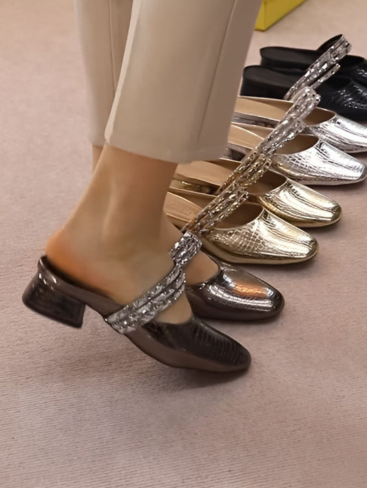 Shiny Leather Sandals With Rhinestones