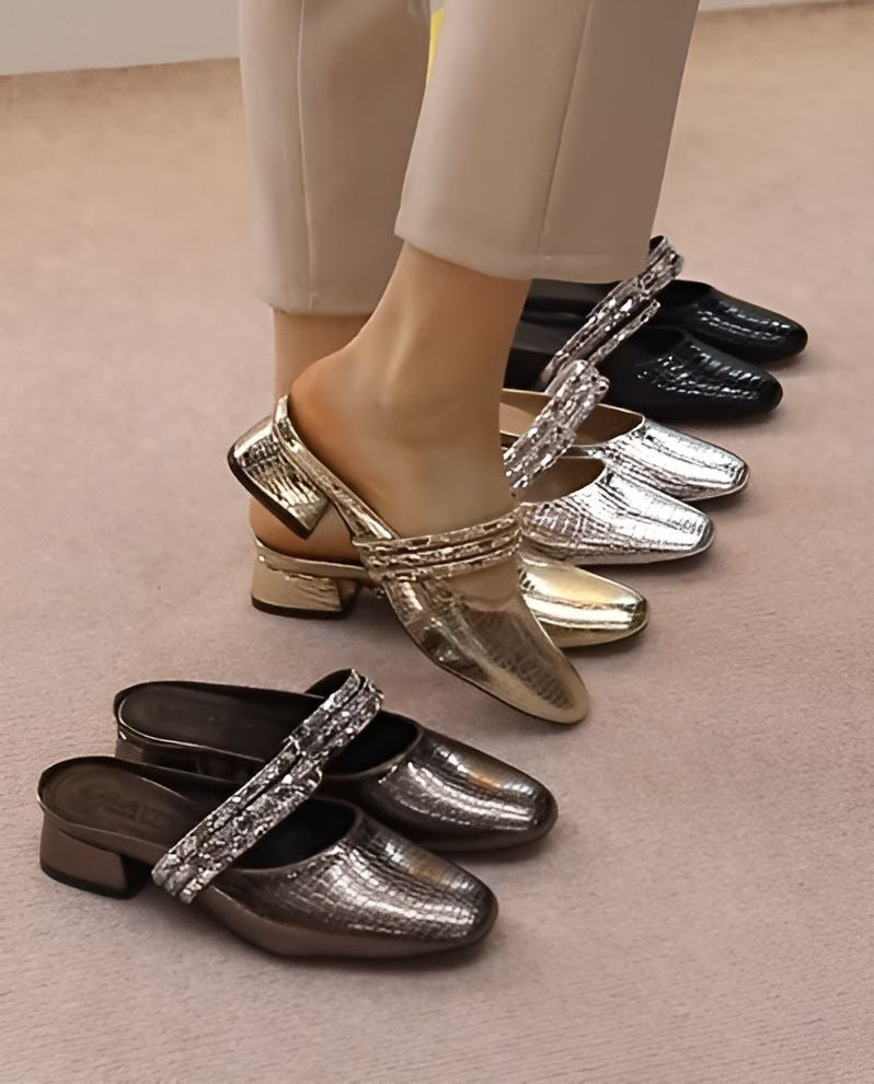 Shiny Leather Sandals With Rhinestones