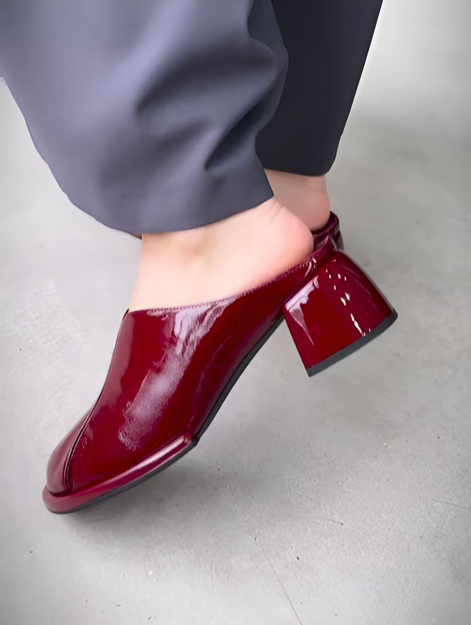 Square-Heel Glossed-Leather Sandals