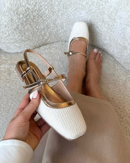 White Flat Shoes With Gold Buckle