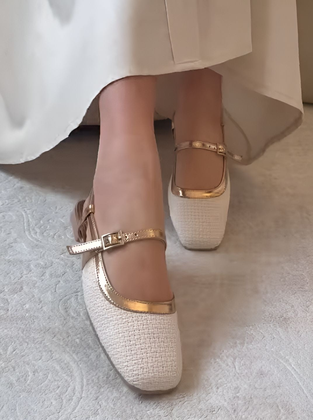 White Flat Shoes With Gold Buckle