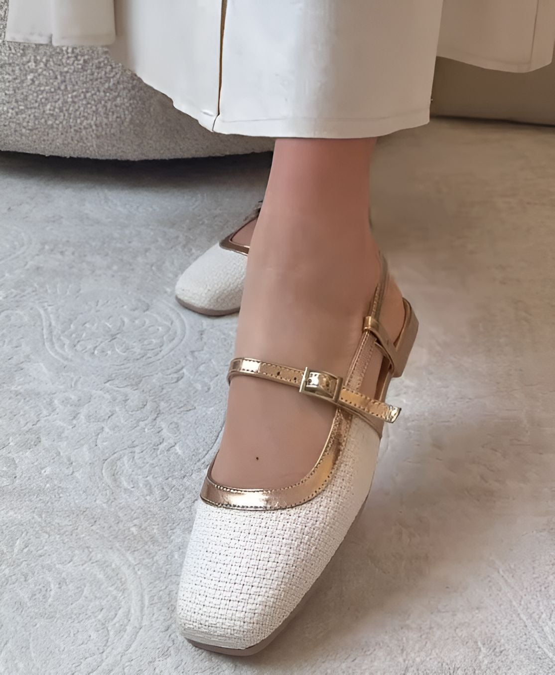 White Flat Shoes With Gold Buckle