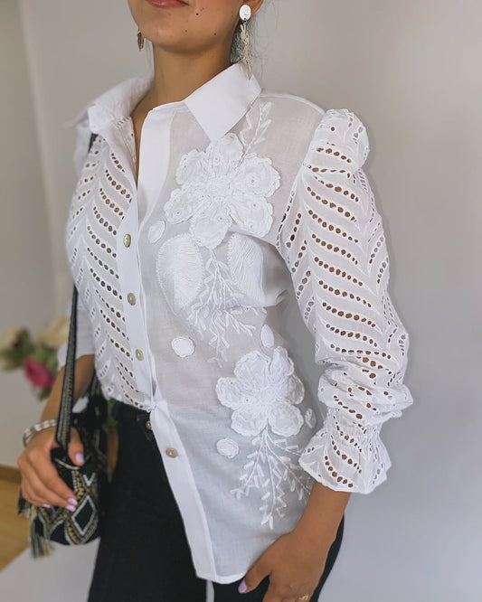 Hollow White Shirt With 3D Flowers