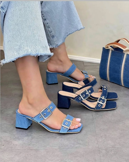 Versatile Denim Blue Block Heel Sandals