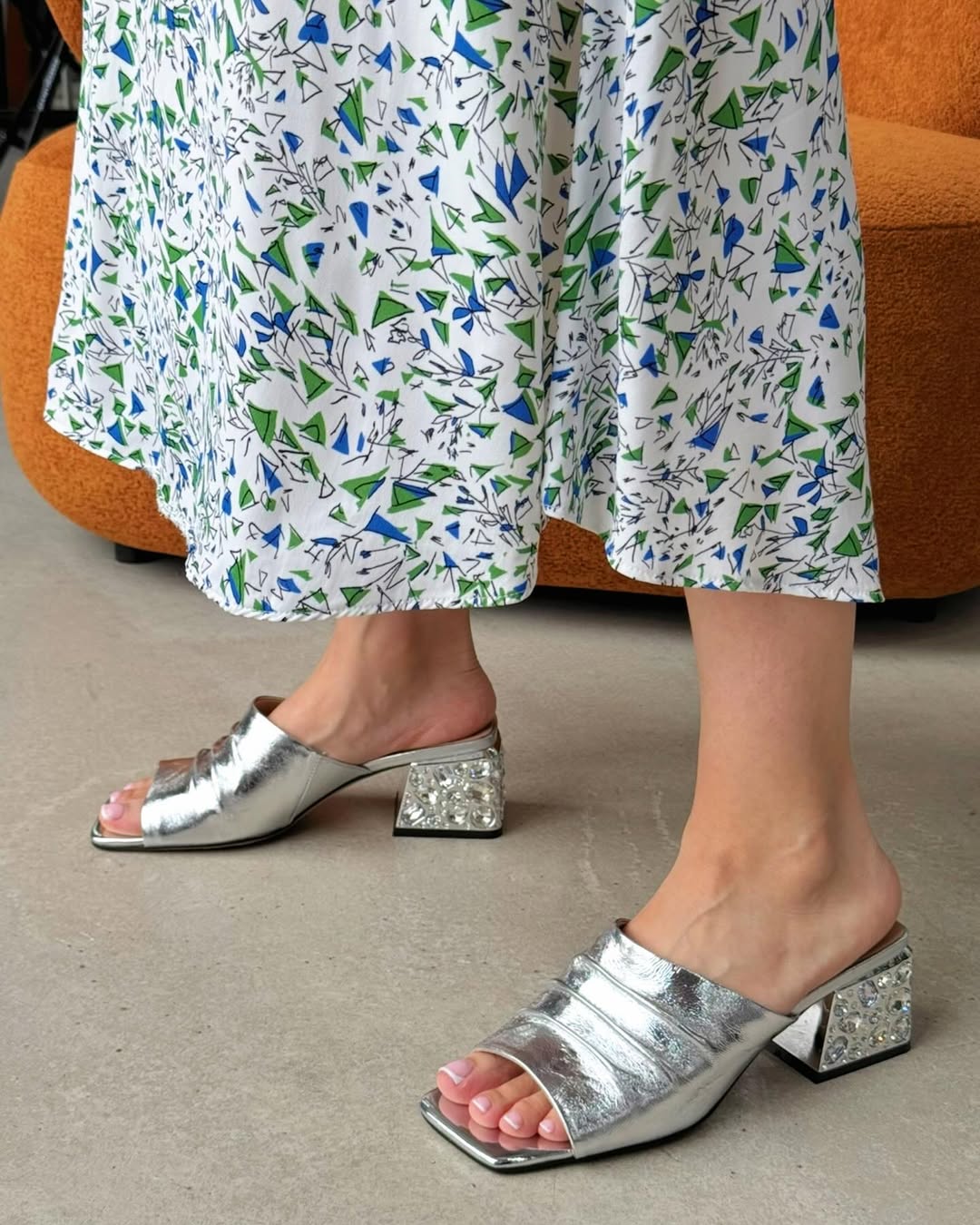 Silver Square Heel Slippers