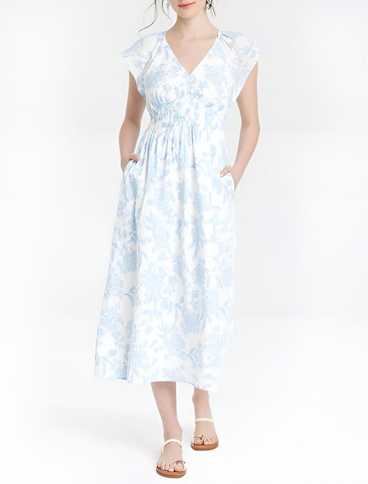 Women's Short Sleeve Smocked Midi A-Line Dress
