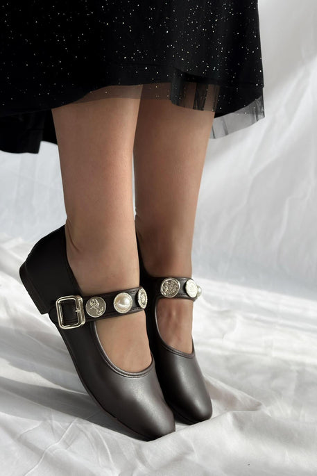 Leather Buckle Detail Women's Ballerinas