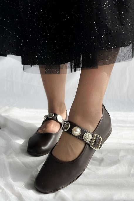 Leather Buckle Detail Women's Ballerinas