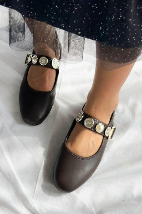 Leather Buckle Detail Women's Ballerinas