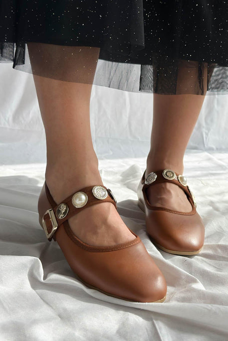 Leather Buckle Detail Women's Ballerinas