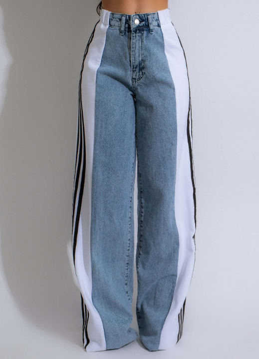 Fashion Stitching Three Stripes Wide-Leg Denim Trousers High Waist Elastic