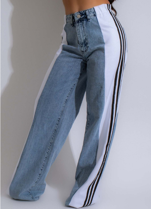 Fashion Stitching Three Stripes Wide-Leg Denim Trousers High Waist Elastic
