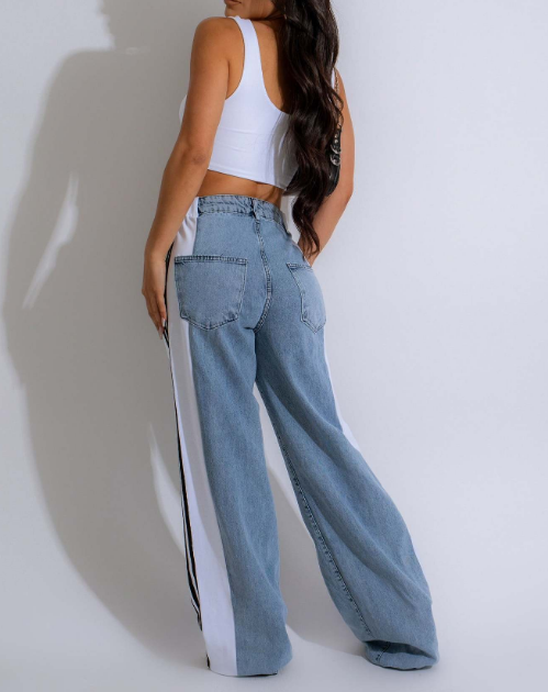 Fashion Stitching Three Stripes Wide-Leg Denim Trousers High Waist Elastic