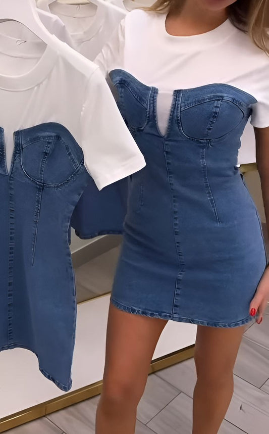 Denim & Tee Mock Two-Piece Short Dress